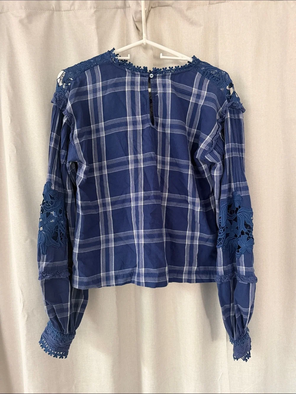 Free People Navy Plaid Crochet Yoke Long Sleeve Top